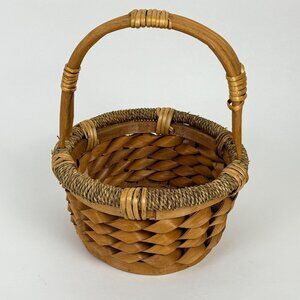 Handled Woven Wicker Wood & Jute Round Basket